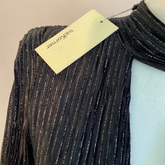 The Korner Black Silver Velvet V Keyhole Neck Dress Stretch Ribbed Bodycon - Picture 2 of 5